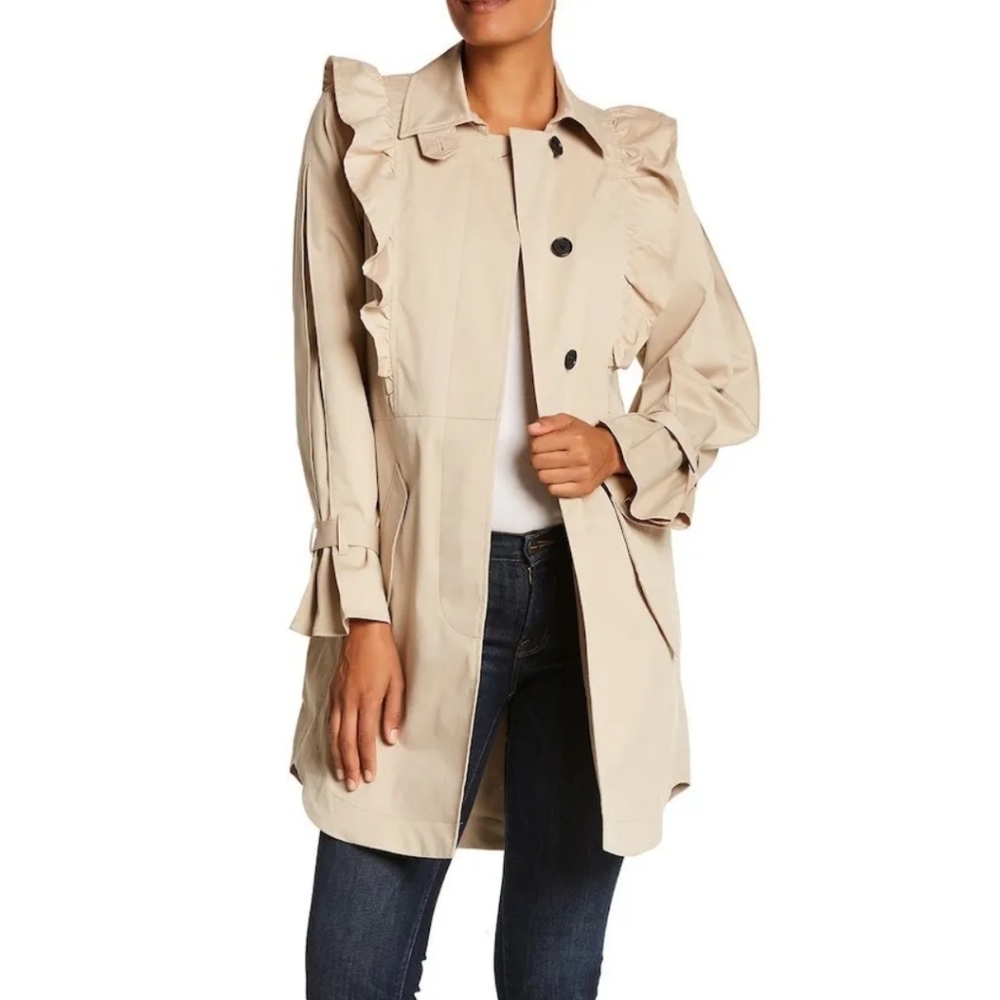 Joie Gila Ruffle Trim Belted Trench Coat *missing Belt* Still Cute!